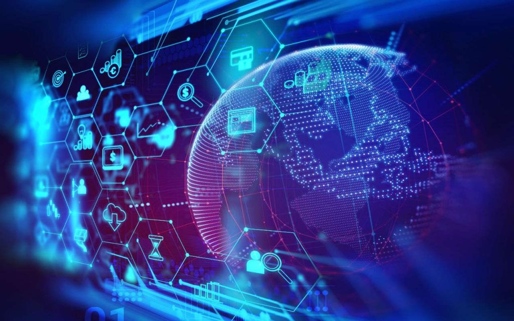 Digital composite image of a glowing globe with interconnected networks and icons representing various technologies and communications.