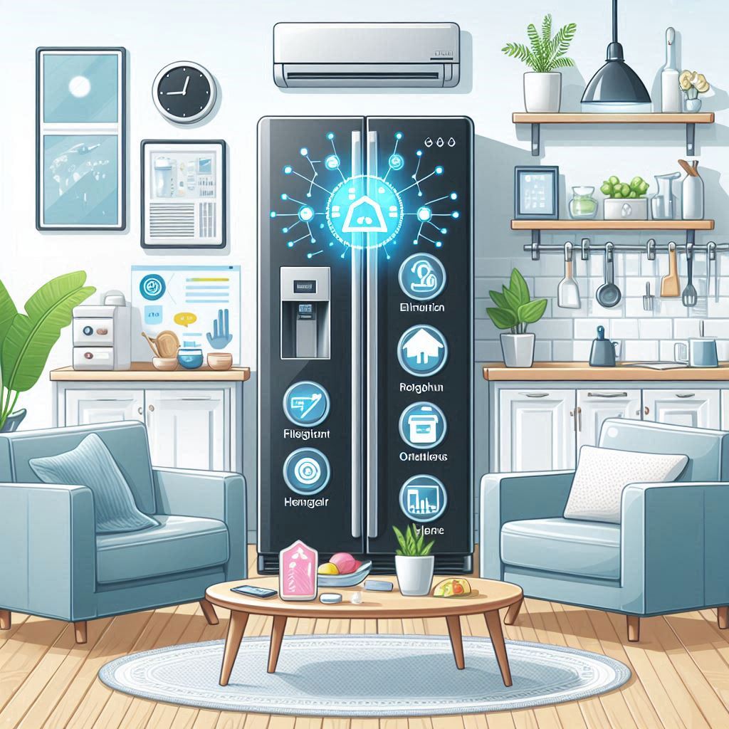 A stylized illustration of a modern, smart home interior with a futuristic refrigerator displaying a glowing interface, flanked by cozy furnishings and kitchen amenities.
