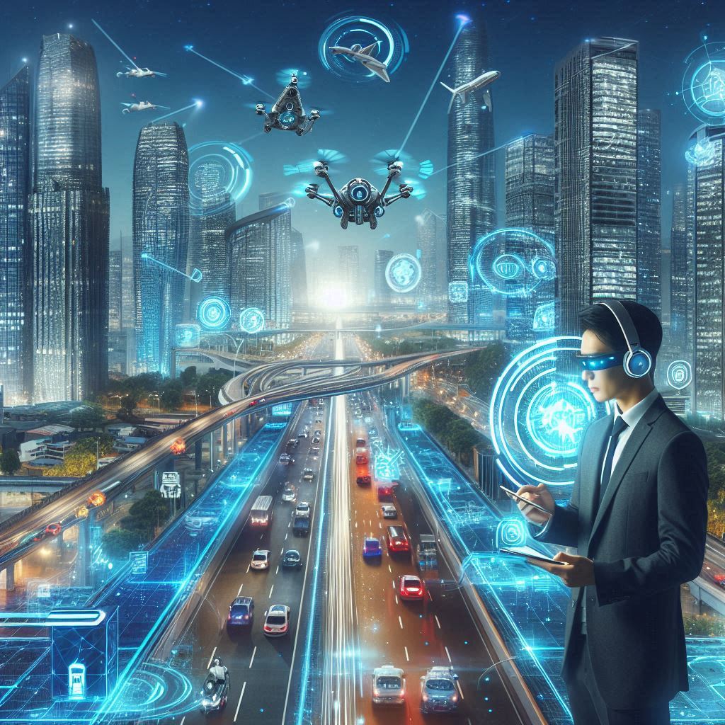 A futuristic cityscape with illuminated digital interfaces, flying vehicles, and a person wearing a headset and interacting with holographic displays. The scene includes busy traffic on multi-level highways with cars and digital overlays highlighting a smart city infrastructure.