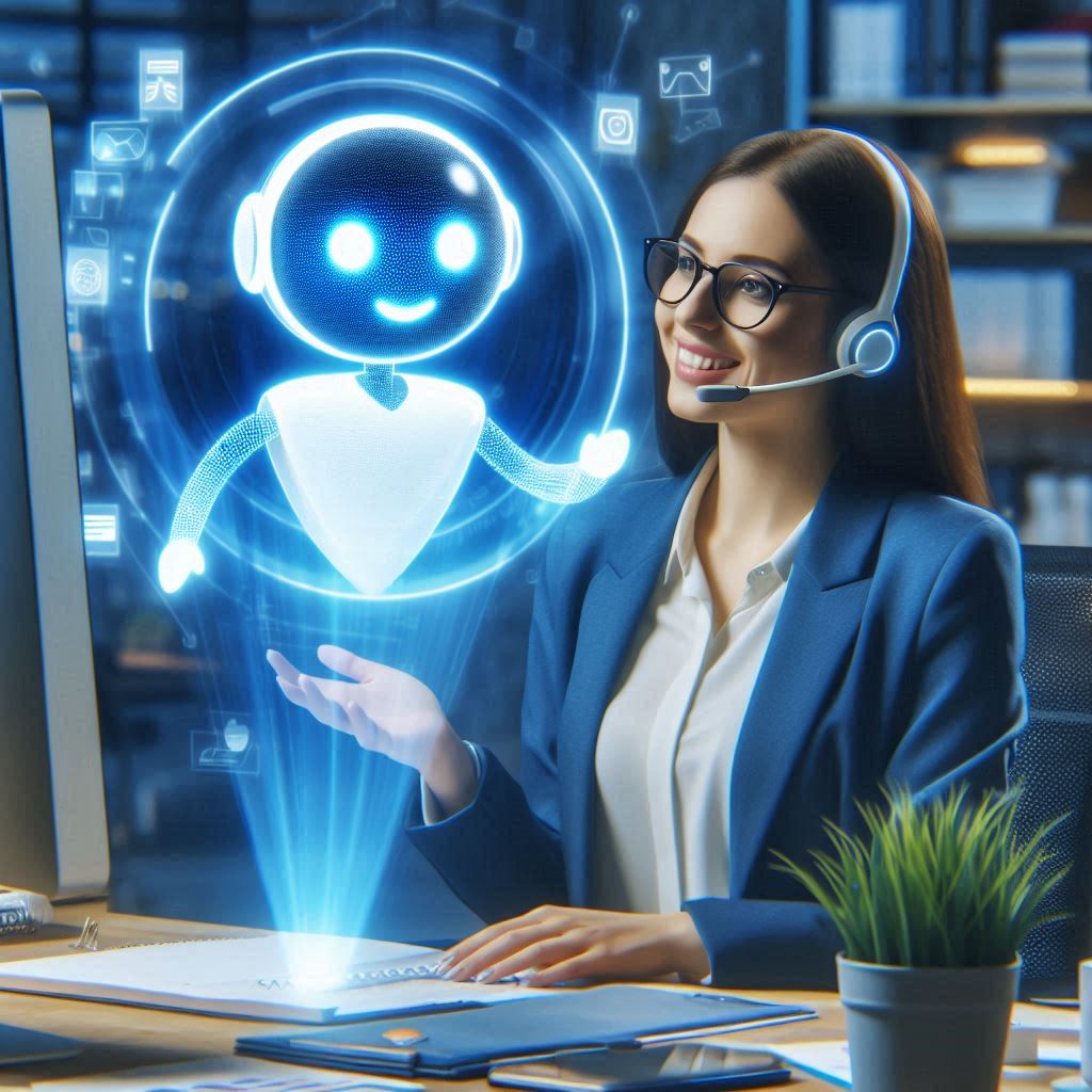A smiling woman wearing a headset and glasses is sitting at a desk, interacting with a holographic display of a smiling humanoid robot. The environment suggests an office setting with technology and digital icons floating around the robot.