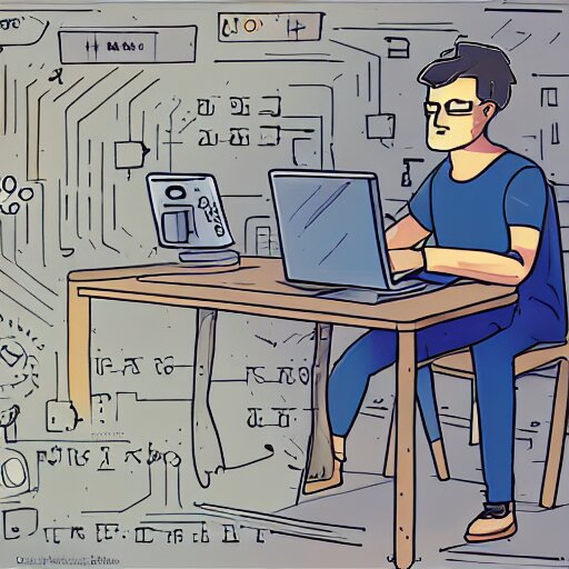 A stylized illustration of a focused man sitting at a desk and working on a laptop with abstract technological symbols and circuit elements in the background.