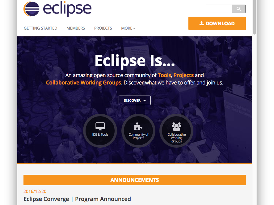 A screenshot of the eclipse.org homepage displaying navigation tabs, a search bar, a download button, and featuring a large banner with "Eclipse Is..." followed by a description of the open source community, tools, projects, and collaborative working groups, along with three circular icons. Below the banner, there's an "ANNOUNCEMENTS" section with a recent post about 'Eclipse Converge Program Announced'.