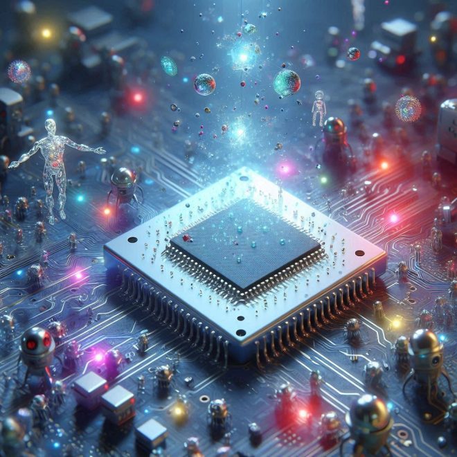A computer chip on a circuit board surrounded by futuristic, illuminated technological elements, with small robotic figures and transparent, hologram-like human forms interacting with colorful particles and light flares.