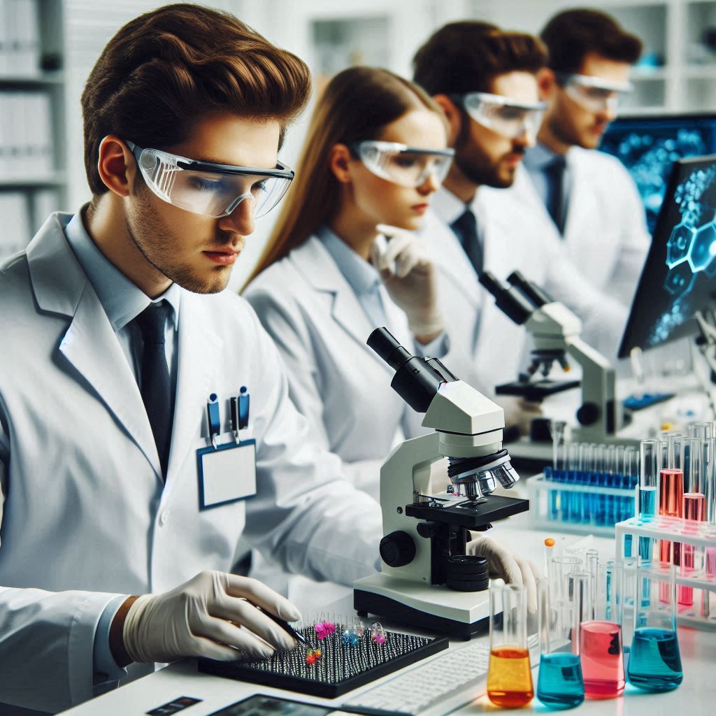A team of scientists in lab coats and safety glasses is focused on various laboratory activities, such as examining samples through a microscope, pipetting fluids, and analyzing data on a computer screen. The foreground shows a researcher placing samples in a tray, while colorful test tubes and equipment are visible in the midground.