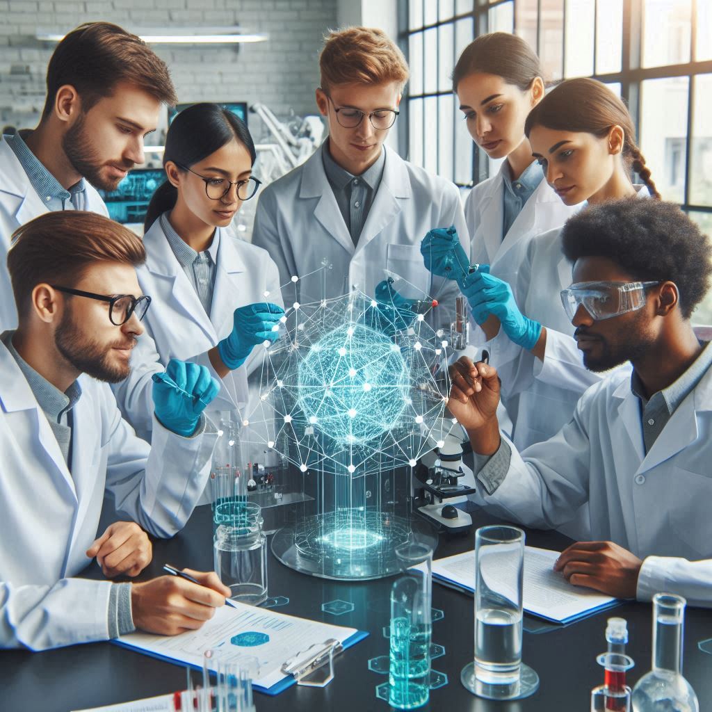 A group of scientists wearing lab coats and protective gloves collaborates around a table with various lab equipment, examining a holographic structure of a complex molecule.