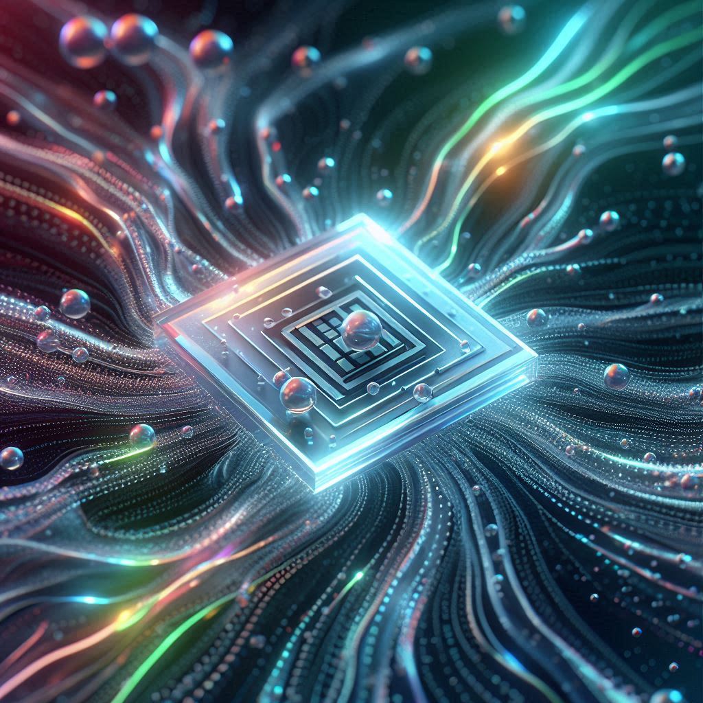 Alt text: A futuristic depiction of a microchip embedded in the center of a dynamic, swirling energy pattern with glowing spheres and light effects, suggesting advanced technology or quantum computing.