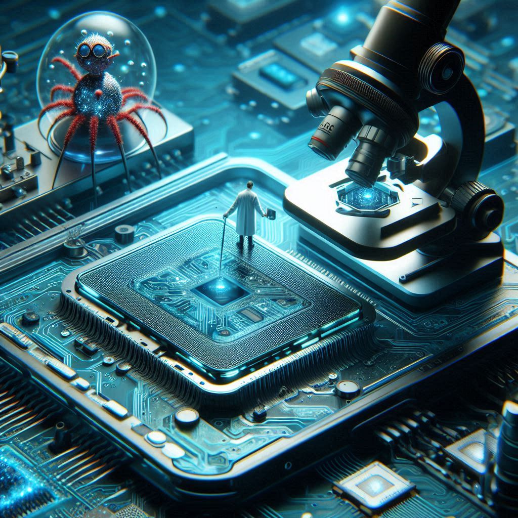 An illustration of a futuristic scene with a humanoid figure standing on a giant illuminated CPU, with a microscope nearby, and a robotic-looking spider enclosed in a spherical glass dome, all set against a background of intricate electronic circuitry.