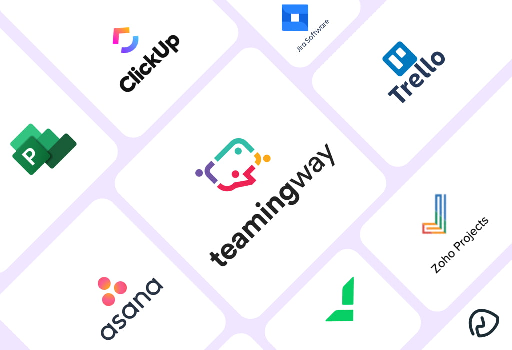 A visual representation of various project management software logos, including Asana, Jira Software, ClickUp, Trello, teamingway, Zoho Projects, arranged as icons inside a network of interconnecting hexagons.