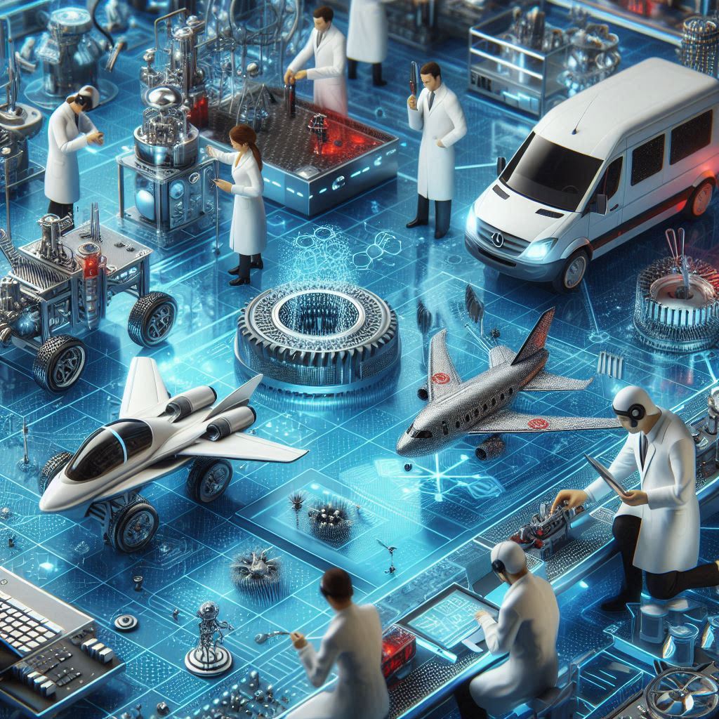 An intricate and futuristic illustration of scientists working on advanced technologies and vehicles, with a backdrop resembling a circuit board.