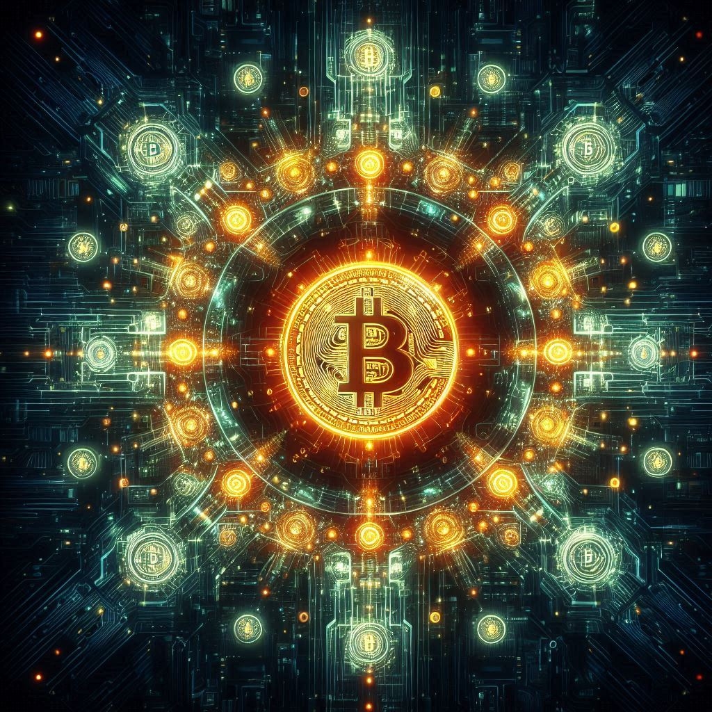 Digital artwork of a glowing Bitcoin symbol in the center with circuit-like patterns and smaller Bitcoin symbols surrounding it, representing a cryptocurrency concept.