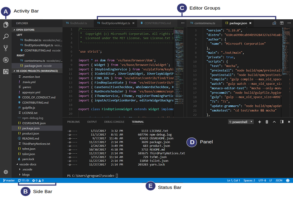 An IDE interface displaying multiple open code files in an editor, with one main window showing TypeScript code and a terminal output at the bottom. The sidebar on the left lists additional files and directories, while the status bar at the bottom indicates the current git branch and file information.
