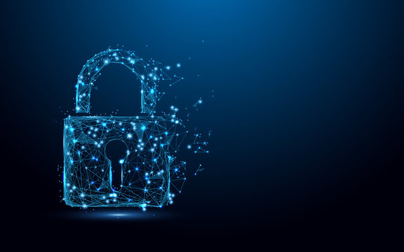 Digital concept art of a padlock made with glowing blue wireframe and connected dots, symbolizing cybersecurity, on a dark background.