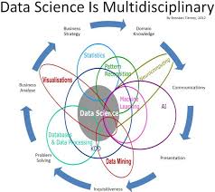 An educational diagram illustrating that "Data Science Is Multidisciplinary," with overlapping circular areas labeled with various disciplines such as Business Strategy, Statistics, Domain Knowledge, AI, Communication, and Presentation, converging on the central area labeled "Data Science." Surrounding texts include "Machine Learning," "Pattern Recognition," "Data Mining," "Database & Data Processing," "Problem Solving," and "Visualizations," along with arrows indicating the continuous flow between data science and these areas.