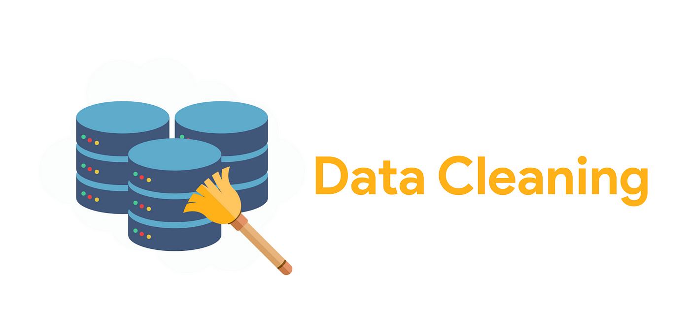 An illustration of three blue database servers with colorful dots, accompanied by a broom brushing against one of the servers, alongside the phrase "Data Cleaning" in bold, orange text.
