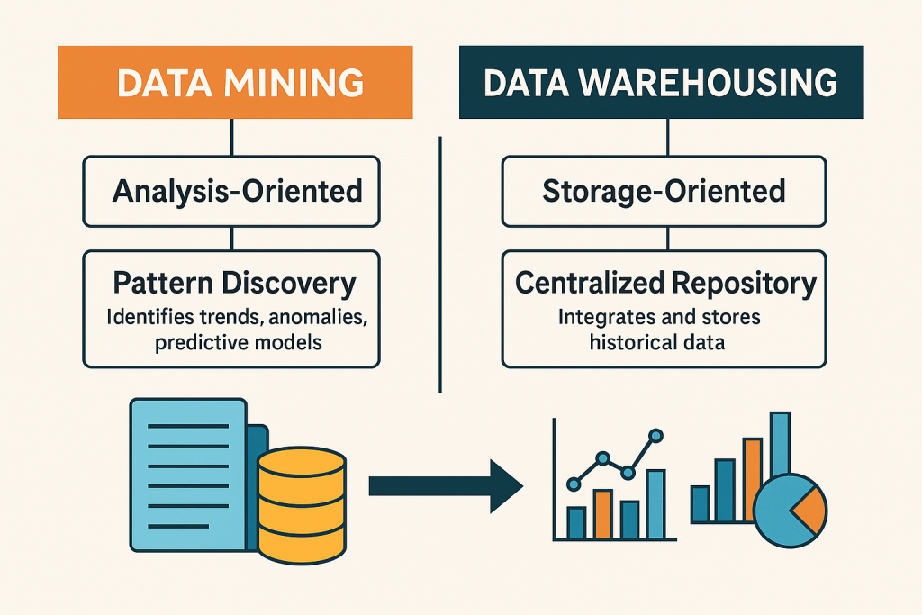 A diagram comparing data mining and data warehousing, highlighting their key aspects: Data mining is analysis-oriented, focusing on pattern discovery to identify trends and predictive models. Data warehousing is storage-oriented, serving as a centralized repository that integrates and stores historical data. Visual elements include data storage icons and bar, line, and pie charts representing data analysis.