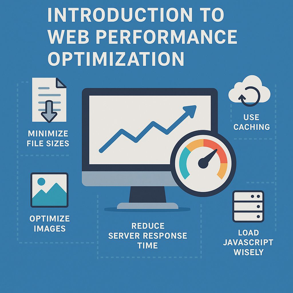 Infographic titled "Introduction to Web Performance Optimization," featuring a computer monitor displaying a rising graph. Key points include: "Minimize File Sizes," "Optimize Images," "Reduce Server Response Time," "Use Caching," and "Load Javascript Wisely," accompanied by relevant icons on a blue background.