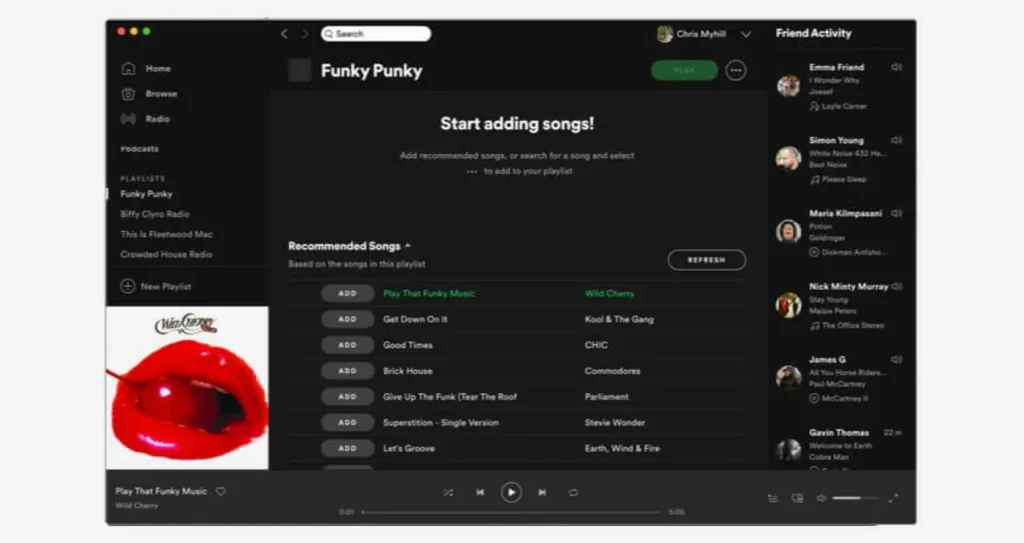 Spotify user interface displaying the "Funky Punky" playlist with recommended songs including "Play That Funky Music" by Wild Cherry, along with other tracks like "Get Down On It" by Kool & The Gang and "Good Times" by Chic. Details like user name and friend activity are also visible on the right side.